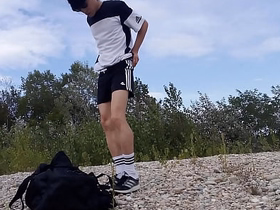 Cute twink Jon Arteen wears black Adidas outfit, shows his underwear, walks freeballing, jerking withdraw throught his impolite shorts, cumming outdoor gay porn chinese fuck
